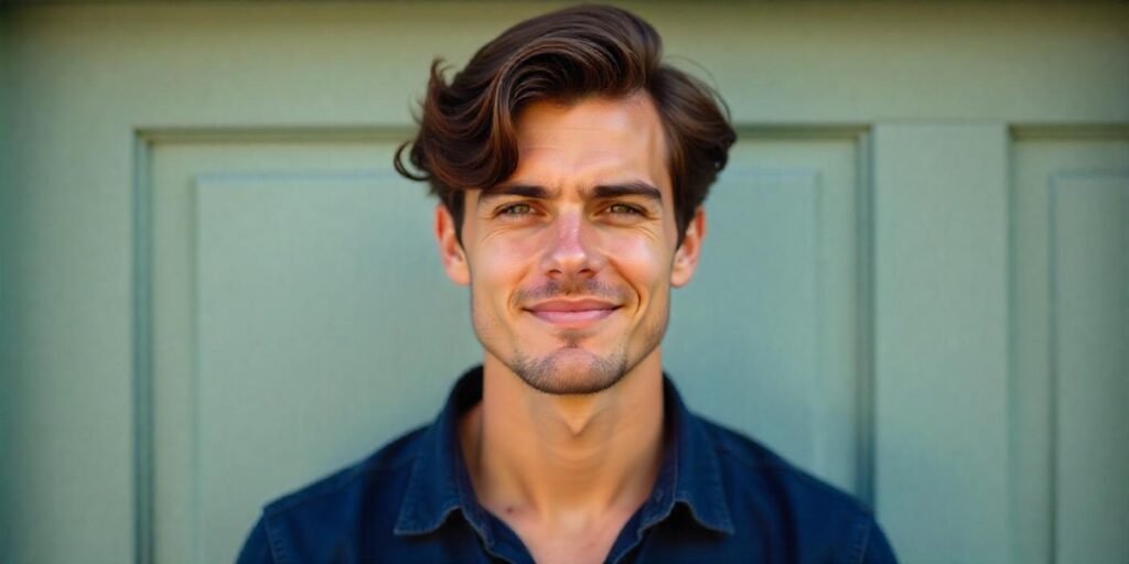 Man with shag haircut for thick hair, casually dressed in a navy blue shirt, realistic facial features, and a romantic background.