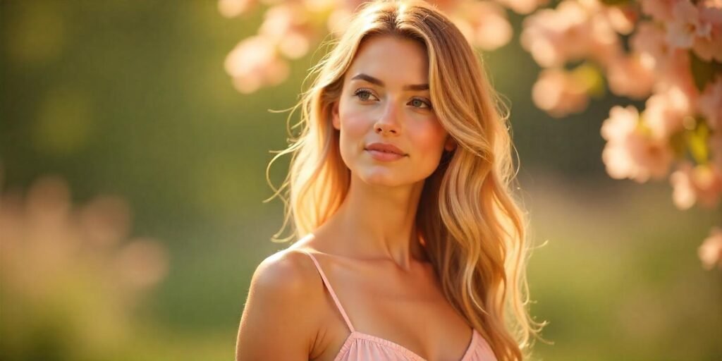 Realistic image of a young woman with honey blonde hair styled in soft waves, 
