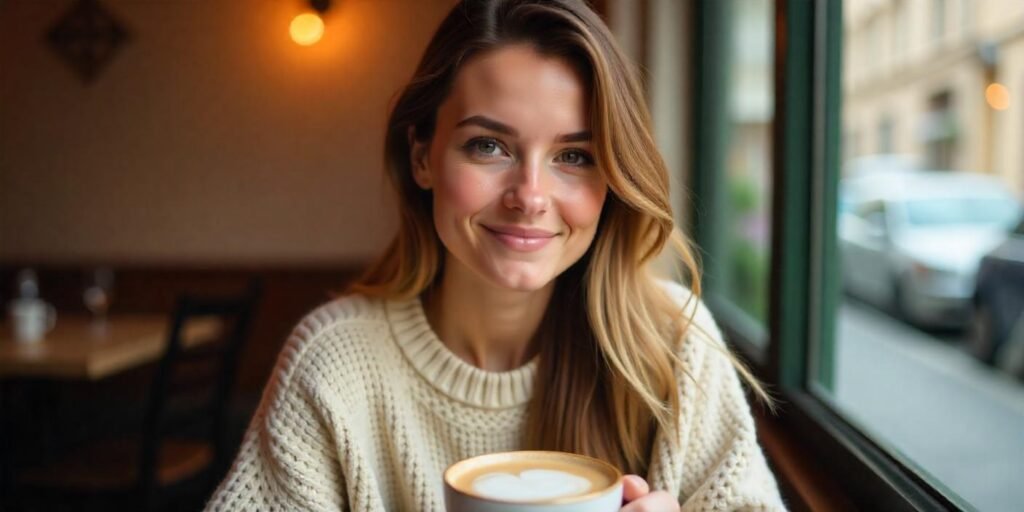 Young woman with vanilla chai hair color, cozy sweater, and romantic café background