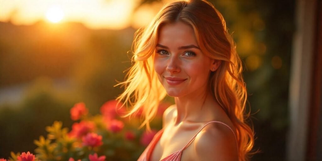 A young woman with strawberry blonde hair wearing a soft pink dress in a romantic outdoor setting