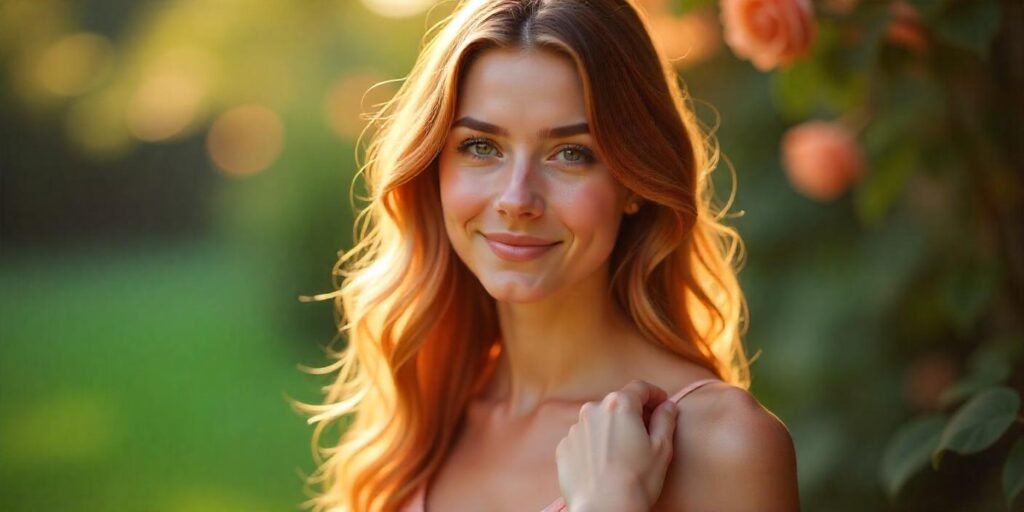 Young woman with cinnamon blonde hair in soft waves, wearing a pastel dress, with a romantic vibe