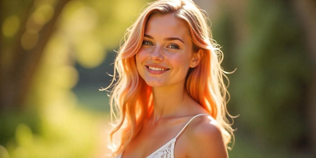 Beautiful cherry blonde hair with copper and pink undertones, styled in soft waves