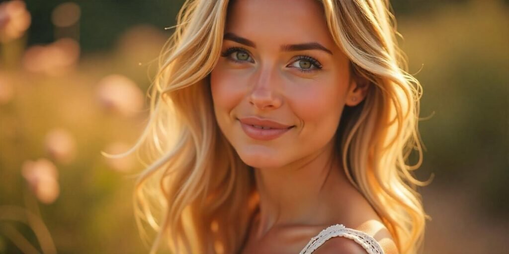 Beautiful woman with sandy blonde hair and a soft pink dress in a romantic setting.