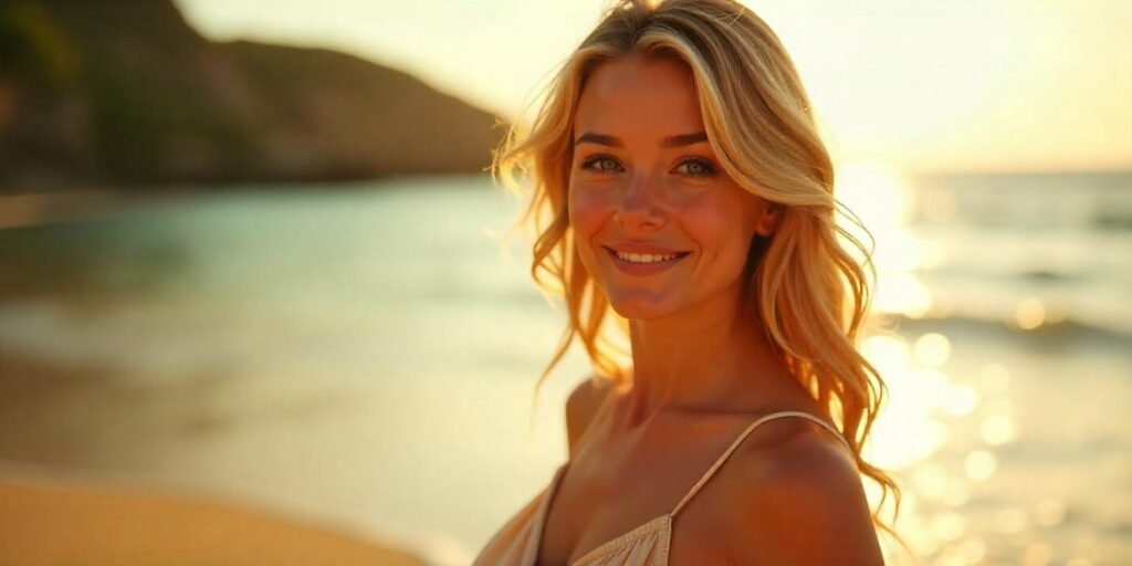A young woman with warm blonde hair styled in loose waves, wearing a light beige dress