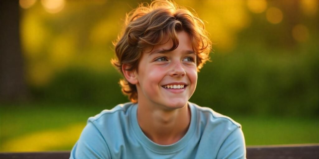 Teen boy with wavy side part hairstyle, casual outfit, relaxed romantic outdoor setting