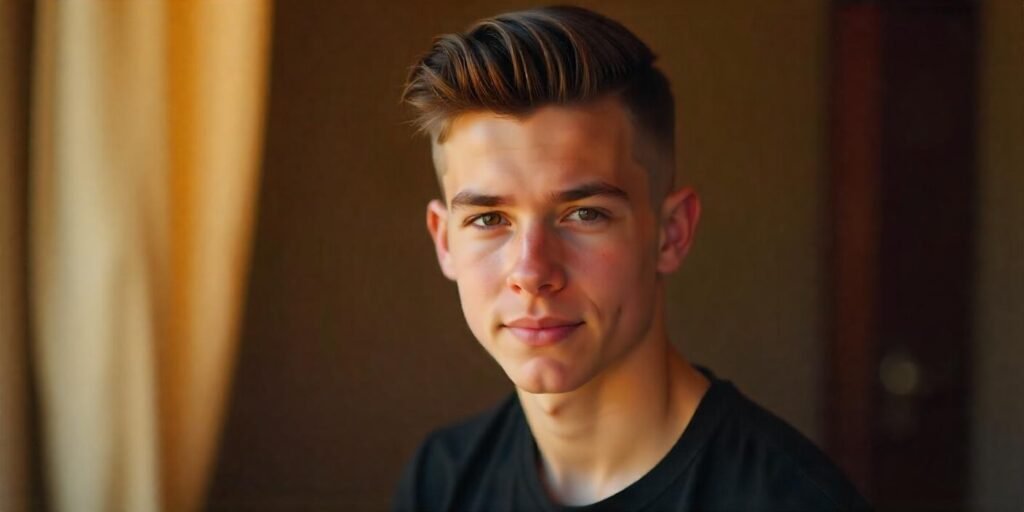 Teen boy with slick back undercut hairstyle in casual outfit, natural neck and confident expression