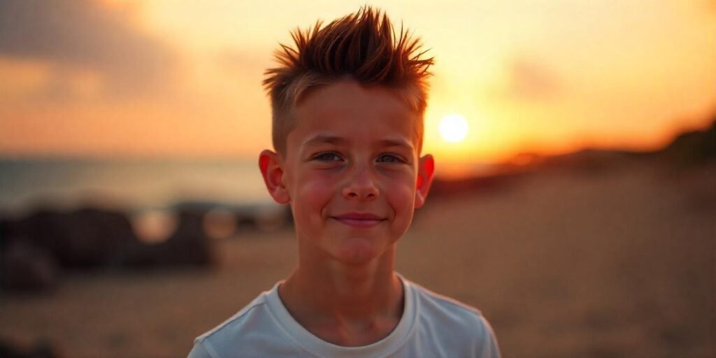 Realistic photo of a teenage boy with spiky top haircut, casual outfit, confident expression,