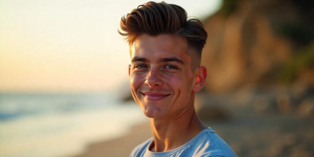 Teen boy with voluminous pompadour hairstyle and fade, casual shirt, romantic background