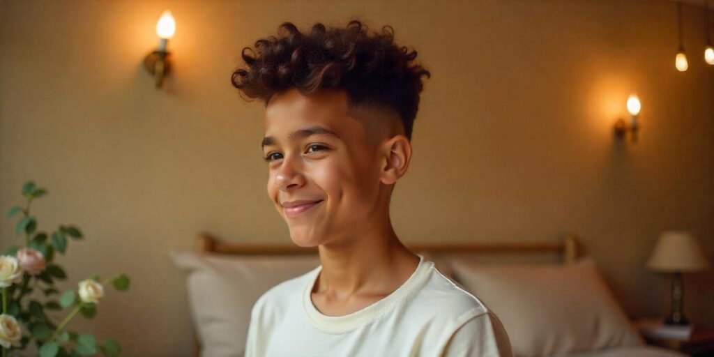 Teen boy with a tapered afro hairstyle, featuring natural curls, dressed in a white t-shirt, with a romantic background.