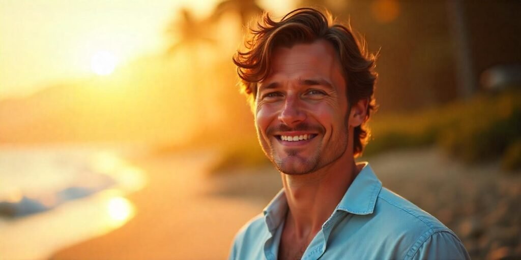 Man with layered mid-length haircut for round faces, dressed in pale blue shirt,