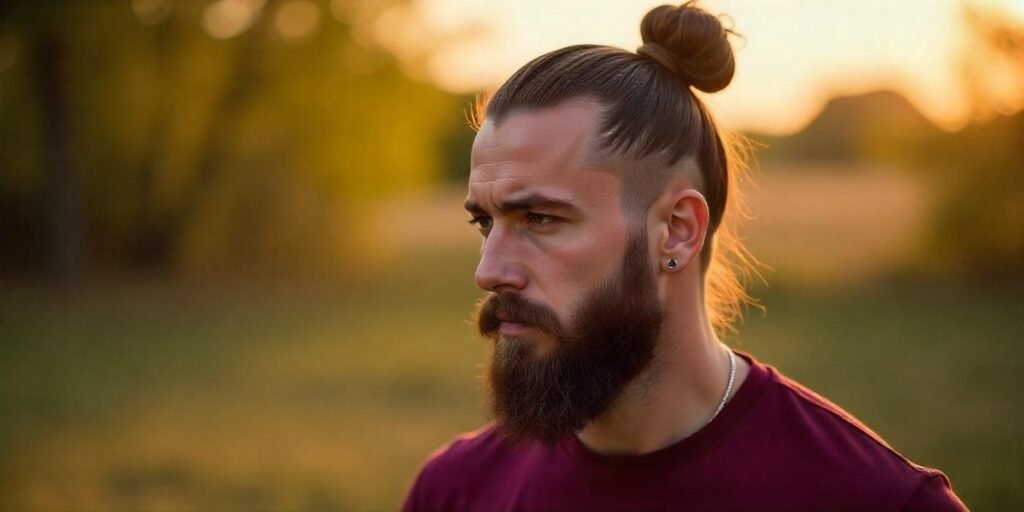 Man bun with undercut hairstyle paired with full beard outdoors,
