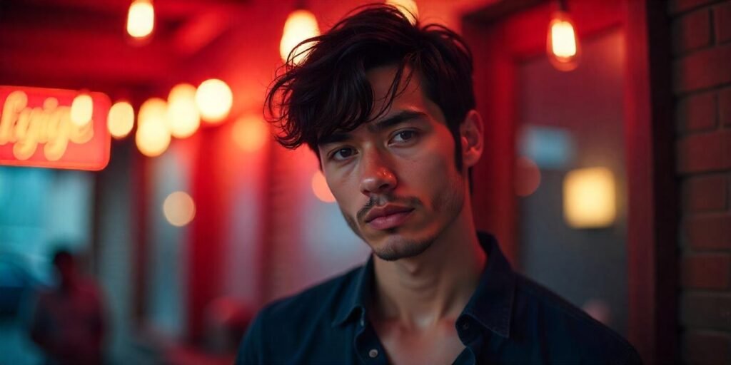 Man with textured shag hairstyle and side-swept bangs in a romantic, relaxed background.
