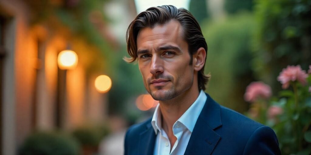 Man with long slicked-back hair in dark blue suit, elegant outdoor background, romantic lighting