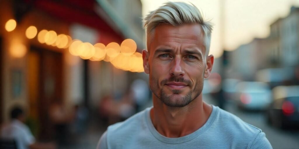 Man with platinum blonde hair color, styled sleekly and confidently in a romantic setting
