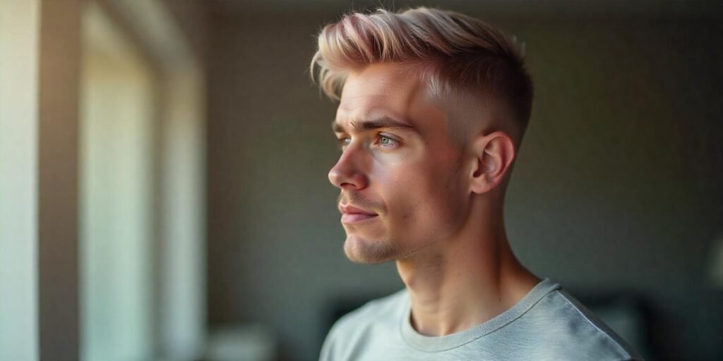 Pastel tones hair color for men with a round face, modern hairstyle, and calm expression
