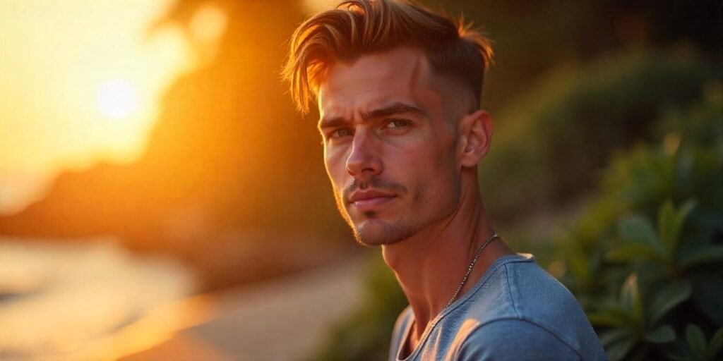 Young man with fade mullet haircut in a romantic setting, wearing a casual shirt