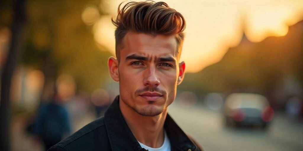 Man with a pompadour hairstyle and black jacket in a romantic setting, showcasing natural facial features