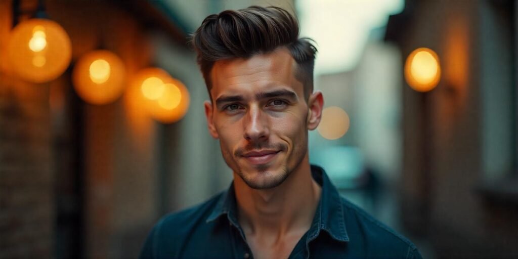 Faux hawk hairstyle for men with diamond face shape, wearing a casual dark shirt, realistic appearance