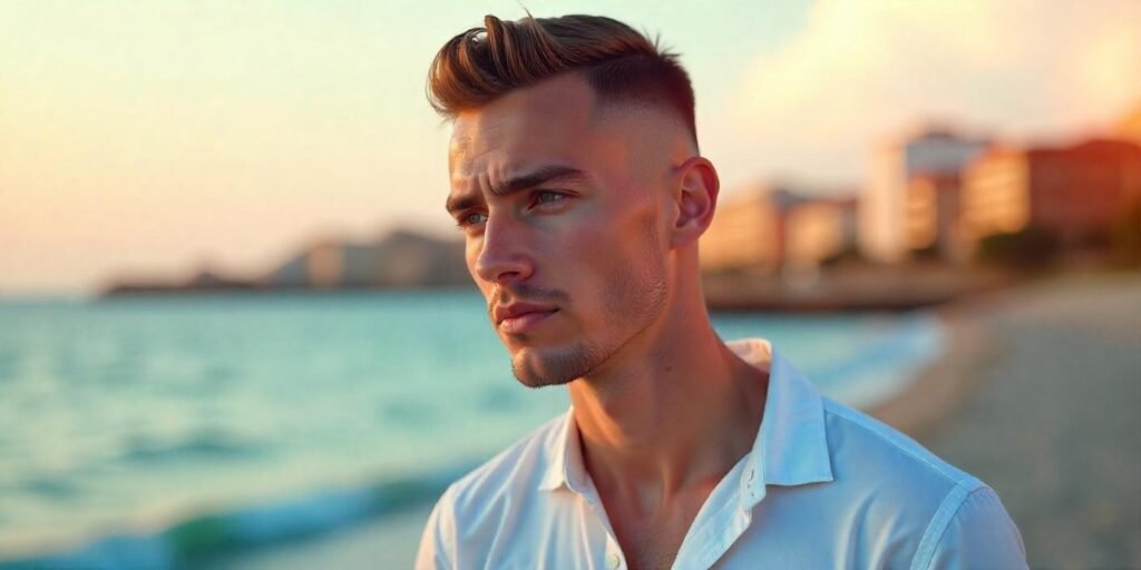 Young man with crew cut hairstyle, diamond face shape, wearing white shirt, romantic background