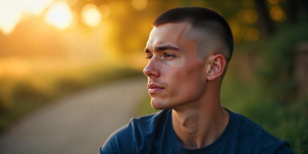 Buzz cut hairstyle on a man with diamond face shape, natural look, relaxed expression,