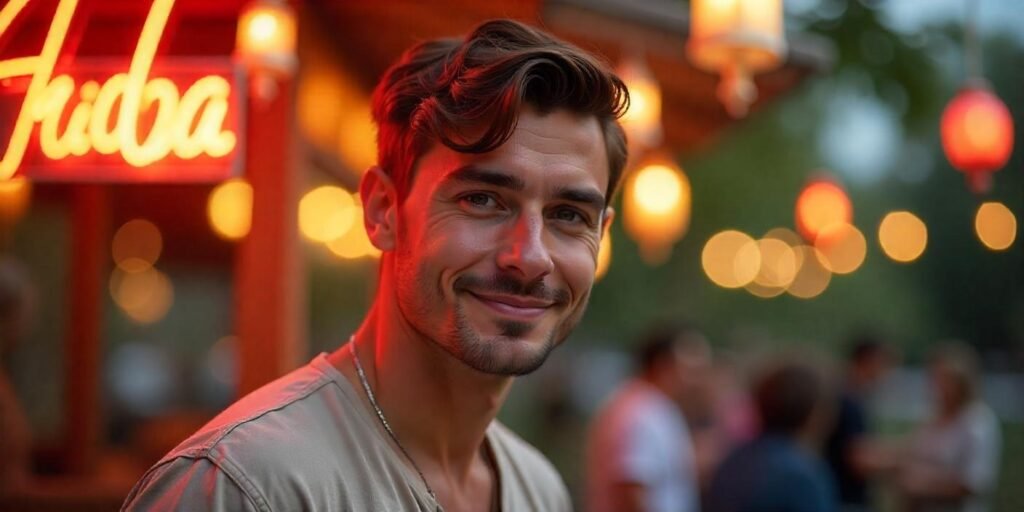 Man with side-swept fringe for diamond face shape, casual outfit, romantic background