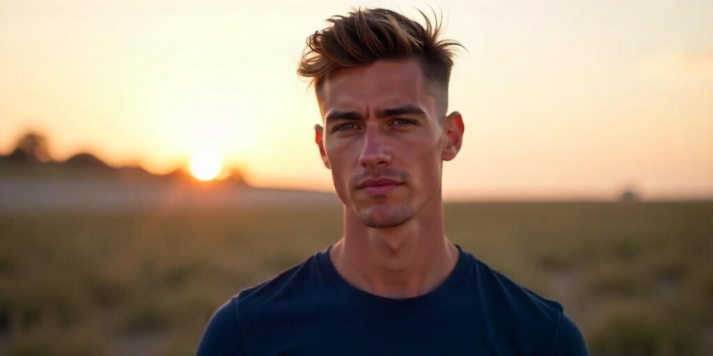 Short spiky hairstyle for men with natural facial features and realistic neck, creating a youthful look.