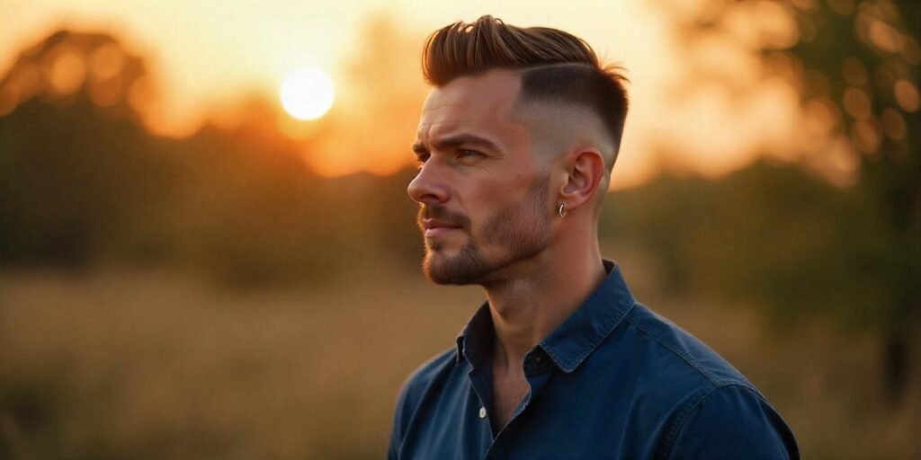 High fade haircut with long top styled with pomade, emphasizing diamond face shape in a romantic setting.