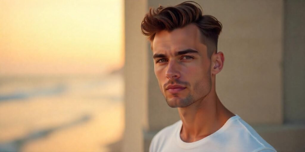 Caesar cut hairstyle on a young man with a balanced appearance for diamond face shapes,