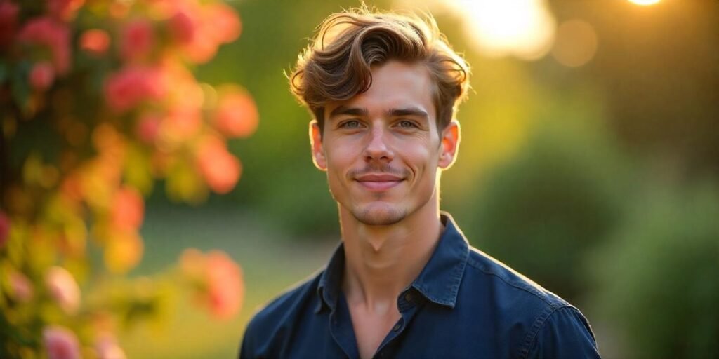 Side-swept fringe Ivy League haircut for diamond face shape in romantic outdoor setting
