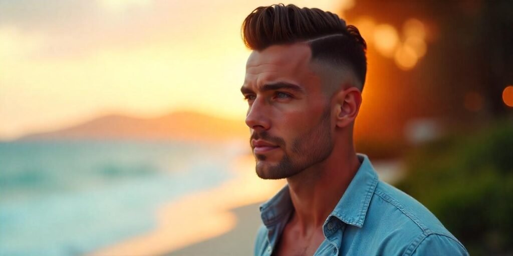 Young man with diamond face shape sporting undercut and slicked-back top, confident expression,