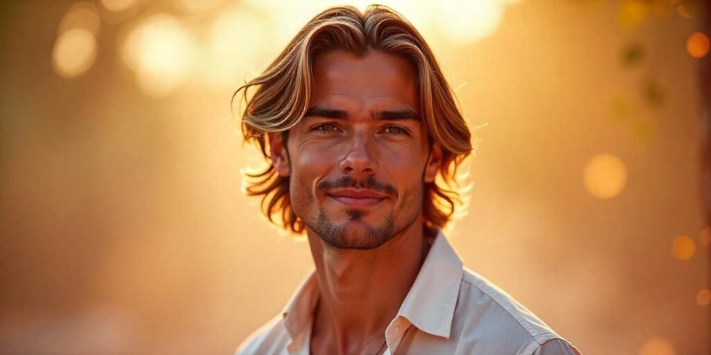 Man with long layered haircut for diamond face shape in romantic outdoor setting