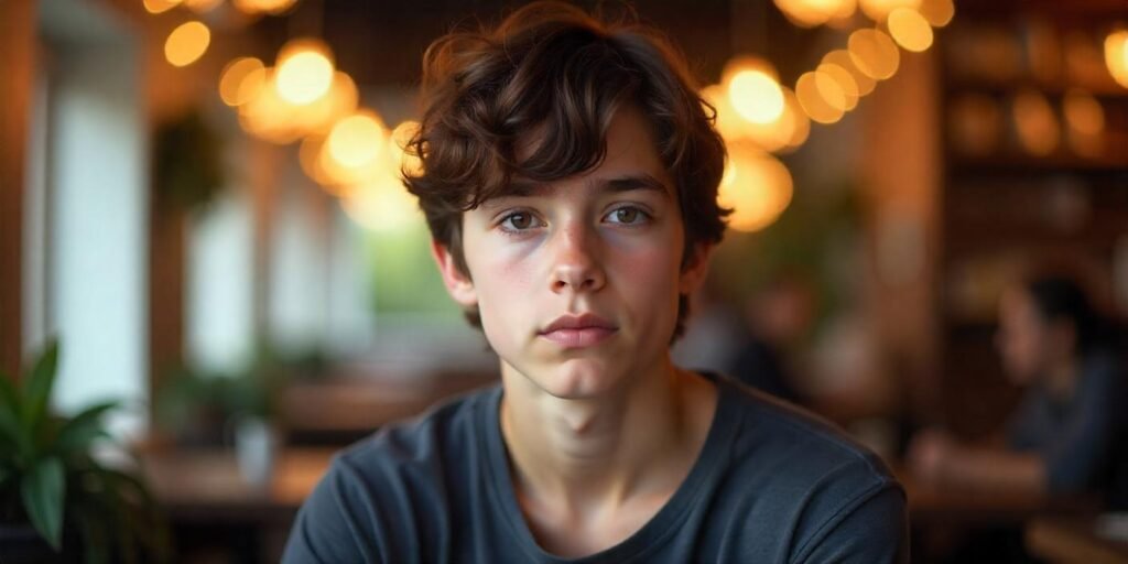 Teen boy with shaggy haircut in a casual outfit, relaxed in a romantic, softly lit setting.

