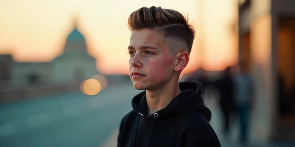 "Teen boy with high fade haircut in black hoodie, showcasing modern sharp style."







