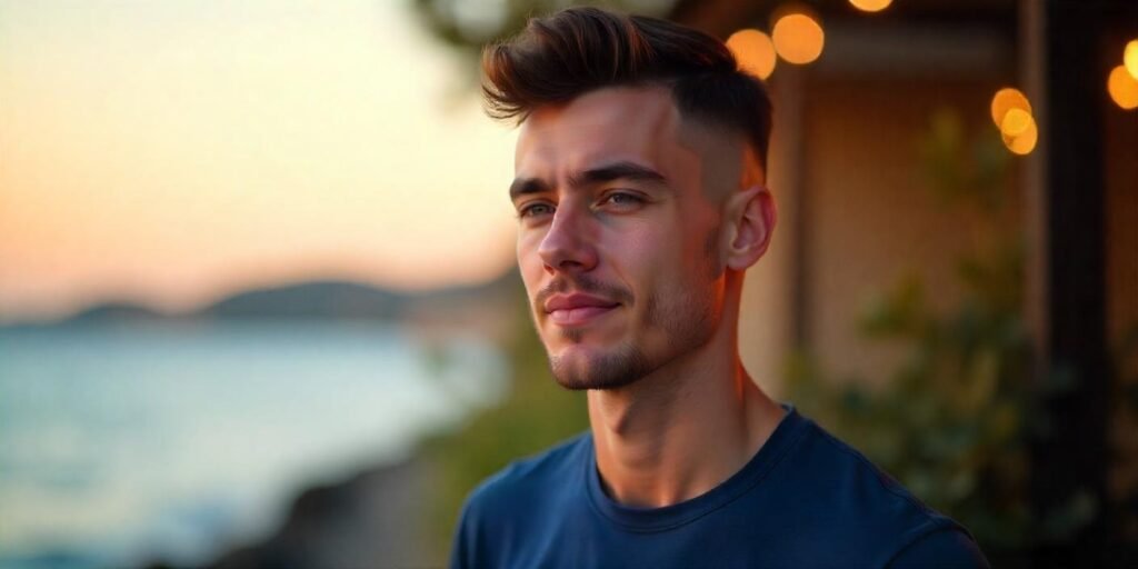 "Realistic mid fade haircut for men with natural dark brown hair, calm expression, romantic background, and casual outfit."







