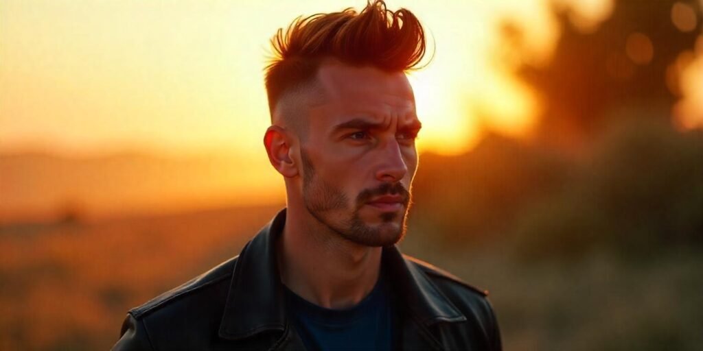 Man with a messy Mohawk haircut, stubble, and a sleek leather jacket in a romantic outdoor setting