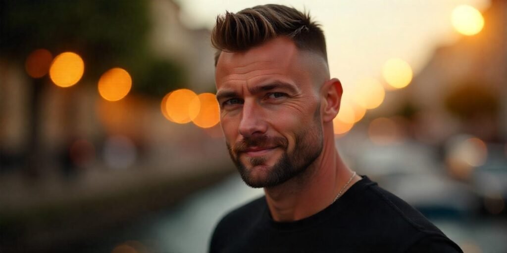 Man with a textured buzz cut, beard, and black t-shirt in a romantic setting with soft lighting.