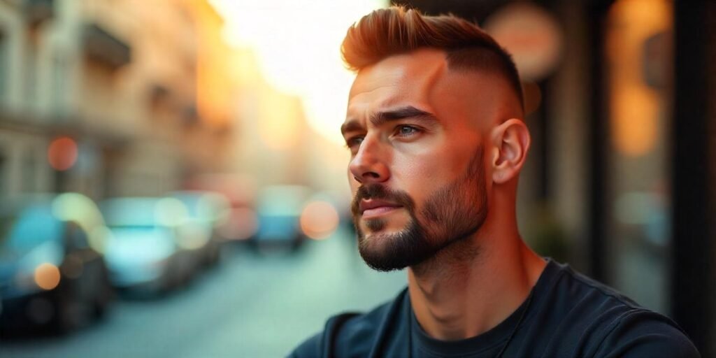 Skin fade buzz cut for men with well-groomed beard and modern, stylish look