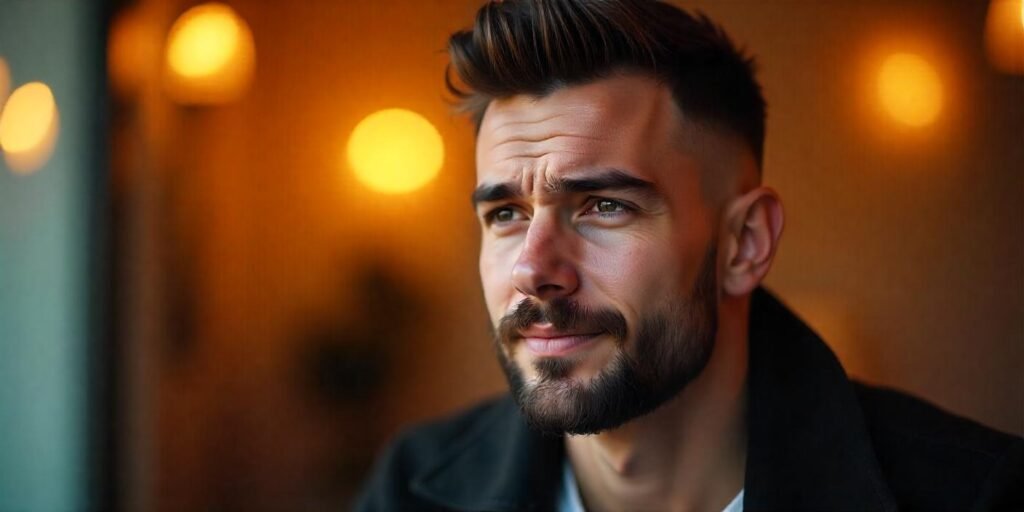 Man with low fade haircut and well-groomed beard in romantic background, confident expression.