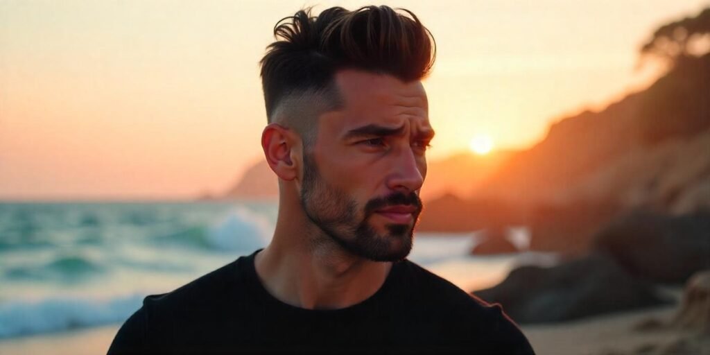 A man with a high fade haircut and a casual black t-shirt, set against a romantic outdoor backdrop.