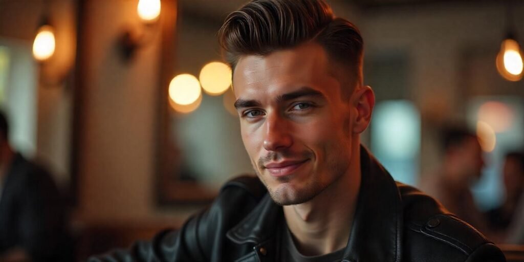 Young man with modern pompadour hairstyle, black leather jacket, and romantic background.