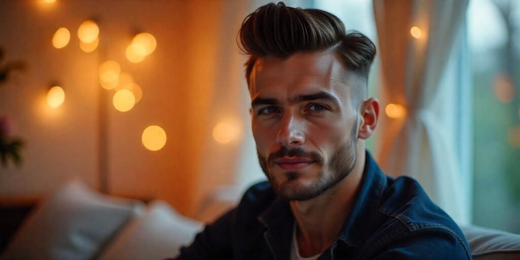Short pompadour hairstyle for men with volume on top and defined beard, in a romantic setting