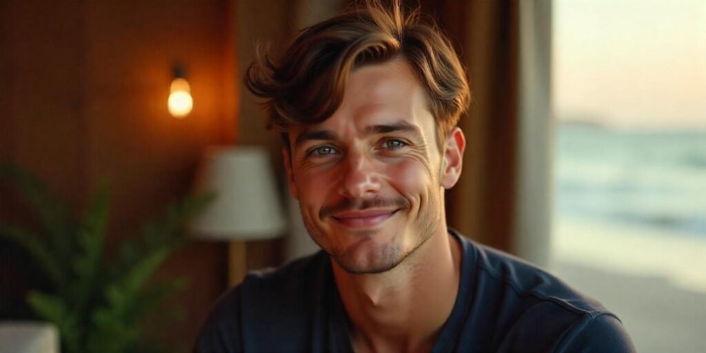 Young man with shaggy layers hairstyle, clean-shaven, dressed in dark shirt, and relaxed expression.