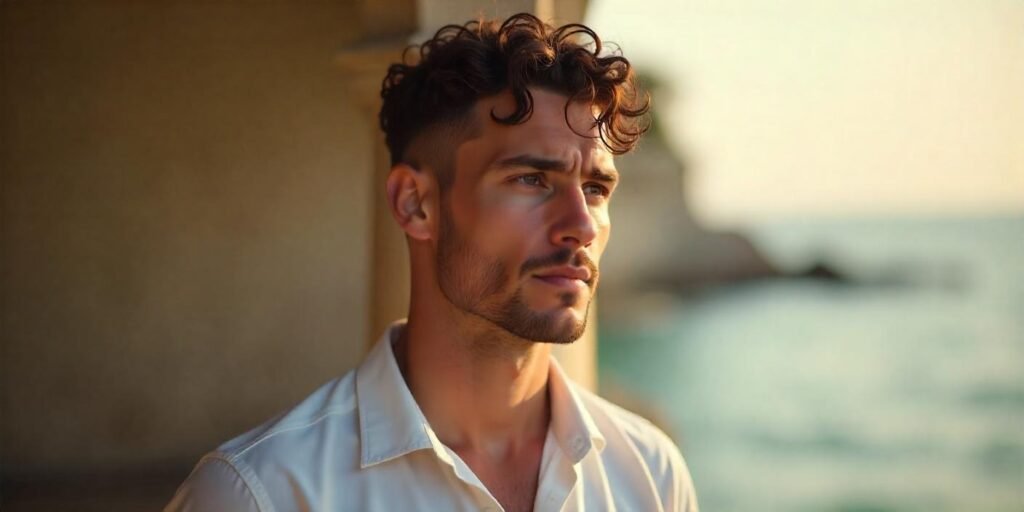 Realistic curly fade hairstyle on a man, with a tapered fade and defined natural curls,