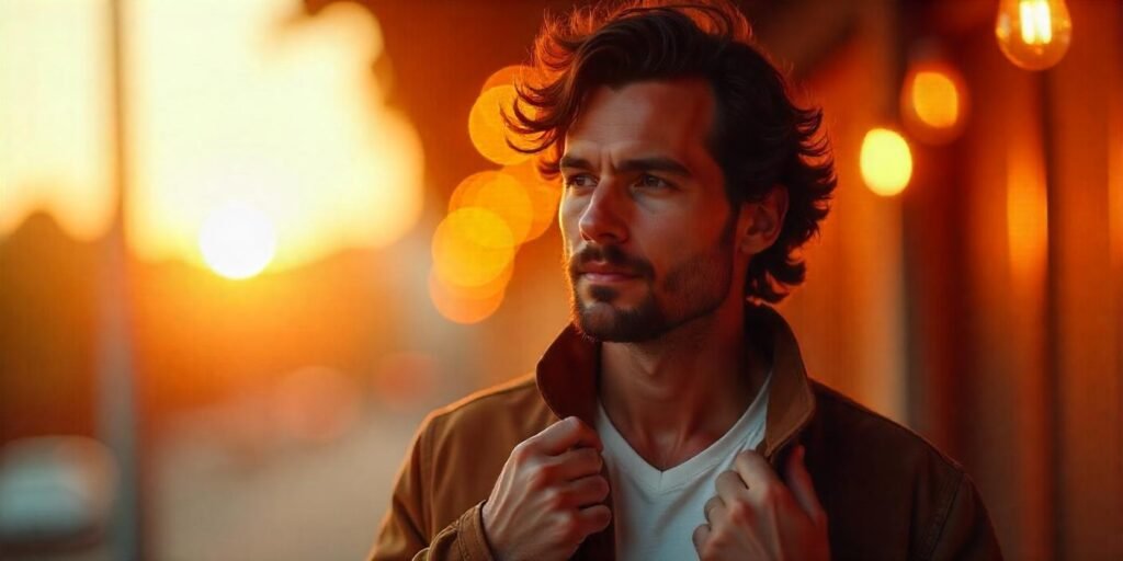 Textured curls and beard for men in a romantic setting, highlighting volume and dimension