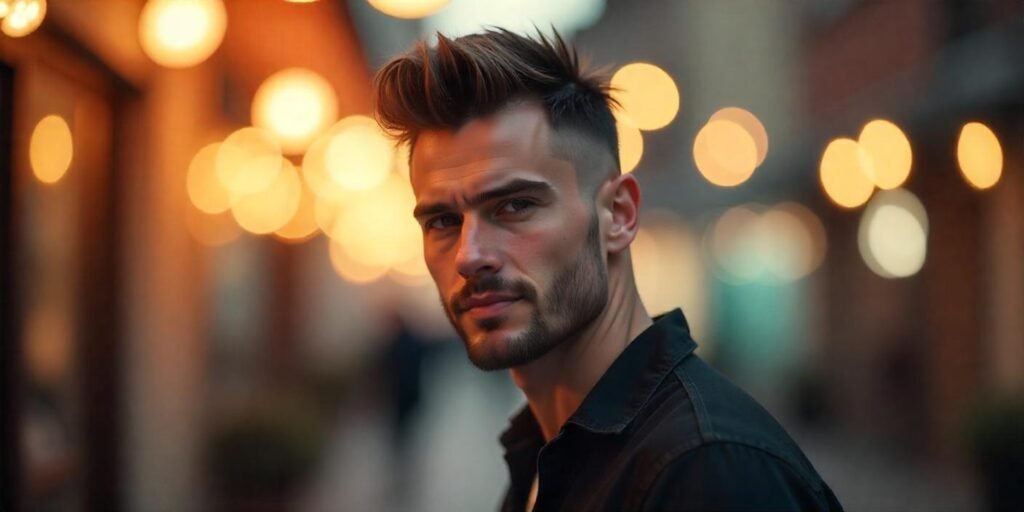 Realistic photo of a man with a spiky undercut hairstyle and a well-groomed beard,