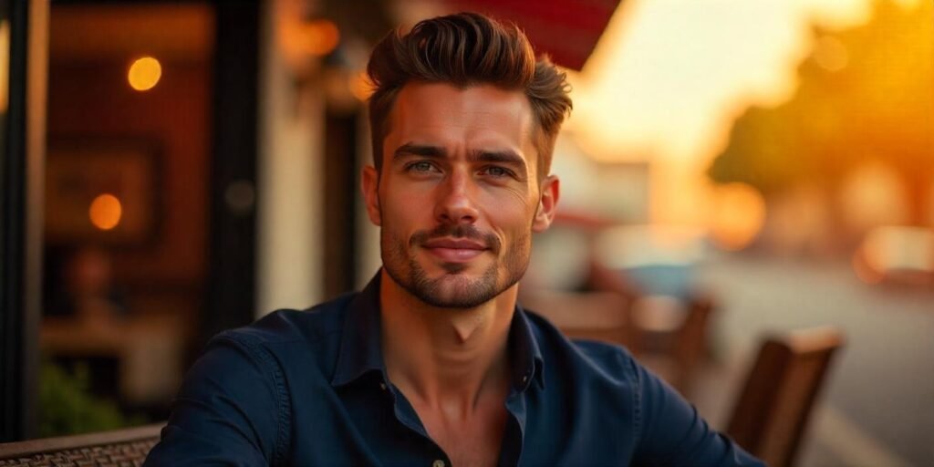 Classic short quiff hairstyle for men with a polished finish, romantic background.