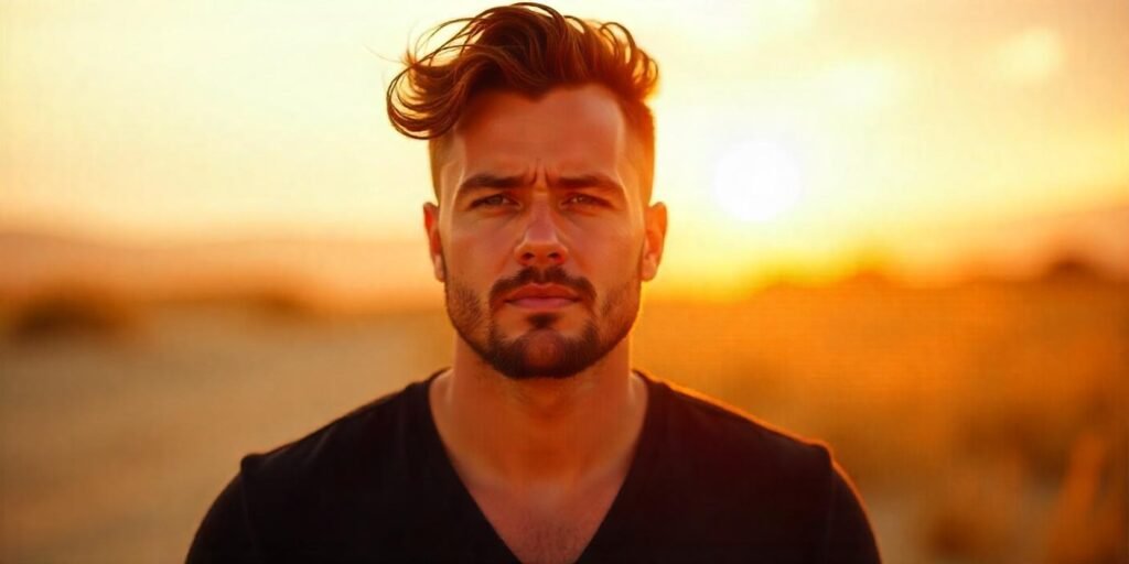 Man with messy quiff hairstyle and beard in romantic outdoor setting. Trendy, slimming look with natural features.
