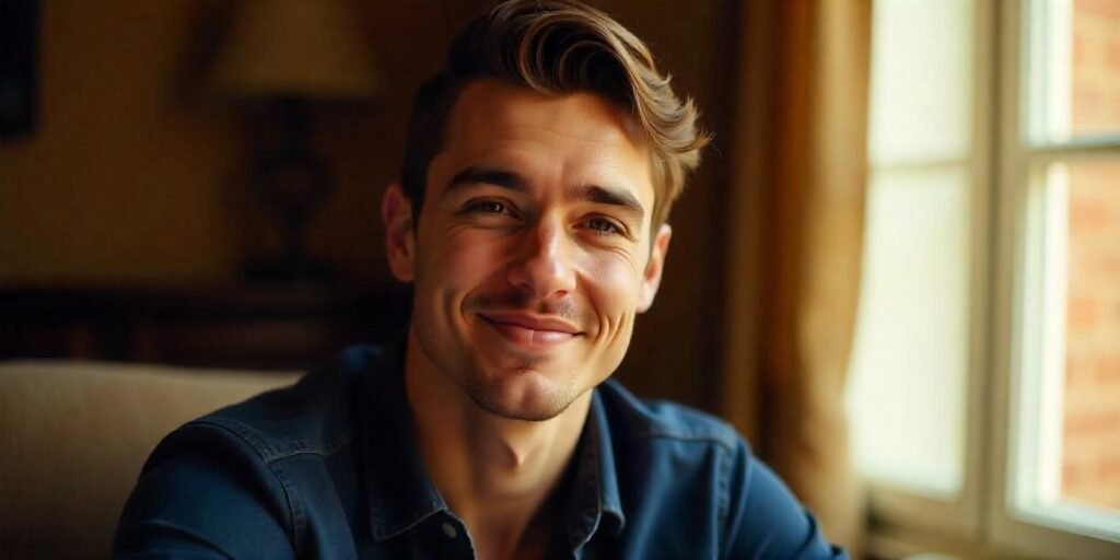 Young man with classic side part hairstyle, dressed in dark blue shirt, romantic background,
