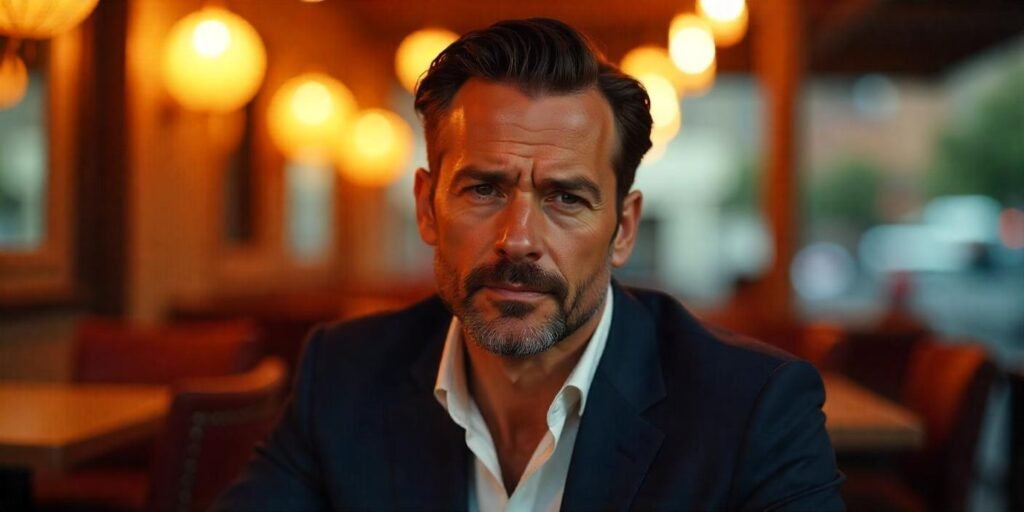 Realistic image of a man with slicked-back hair and beard, wearing a dark suit in a romantic setting
