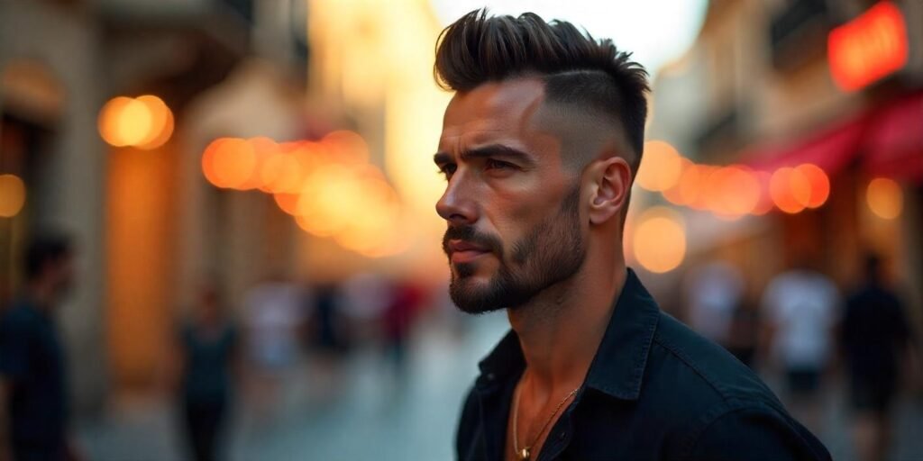 Realistic image of a man with a Faux Hawk hairstyle, beard, and confident expression in a romantic background.